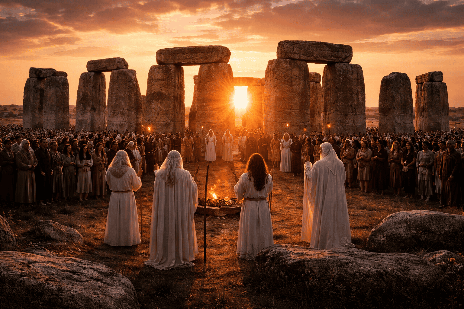 Bei Sonnenaufgang versammelt sich eine große Menschenmenge um Stonehenge. Mehrere Personen in weißen Gewändern stehen in der Nähe eines kleinen Feuers in der Mitte, während das Sonnenlicht durch die alten Steine scheint und die Geschichte und Bedeutung dieses geheimnisvollen Monuments hervorhebt. | ancient-aliens-fakten.de