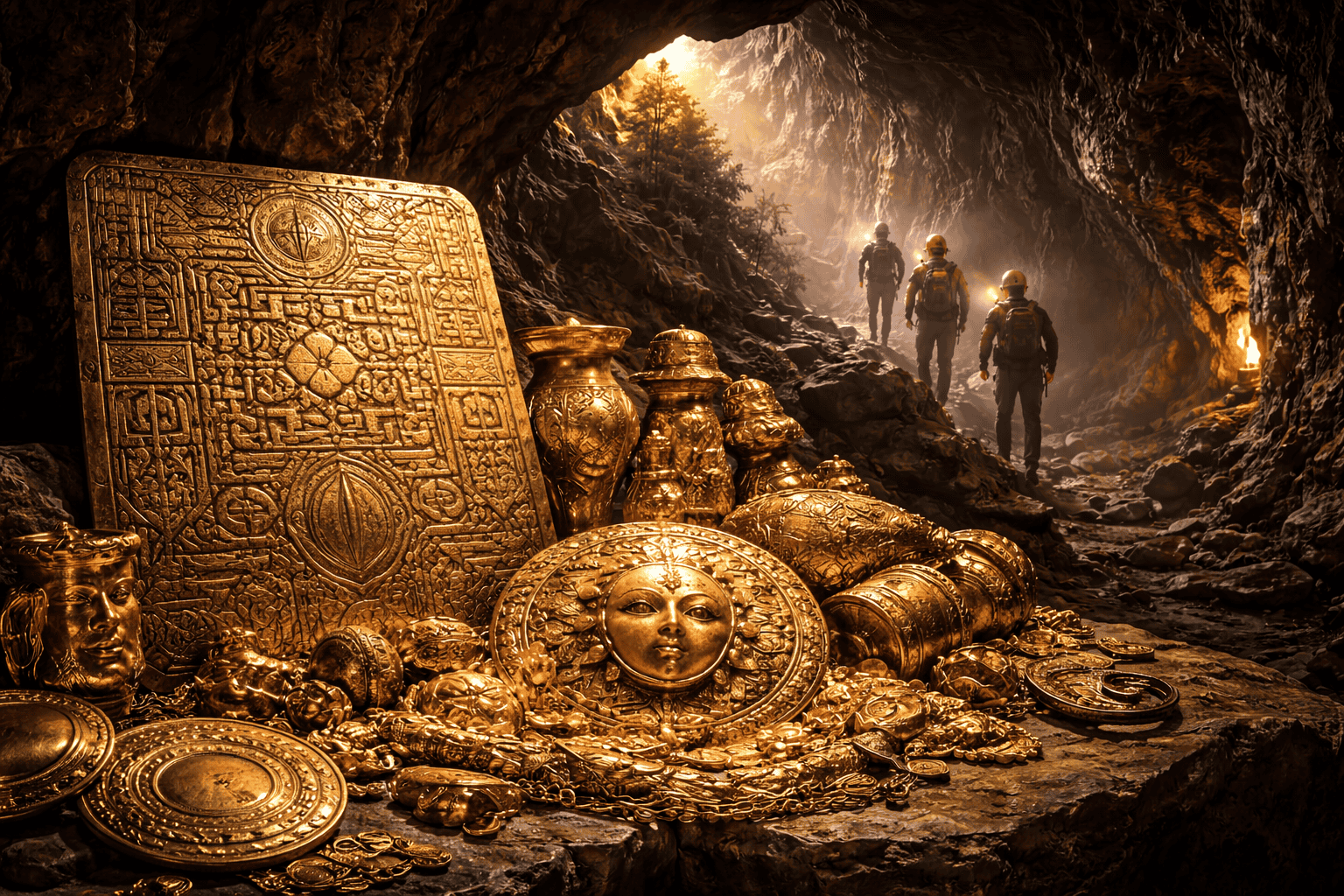 Ein großer Haufen alter goldener Artefakte, Schmuck und kunstvoller Gegenstände - die an den legendären Tayos-Schatz erinnern - füllt eine Höhle in Ecuador. Drei Forscher mit Helmen und Stirnlampen gehen vom Eingang aus auf den Schatz zu, der von warmem Licht erhellt wird. | ancient-aliens-fakten.de