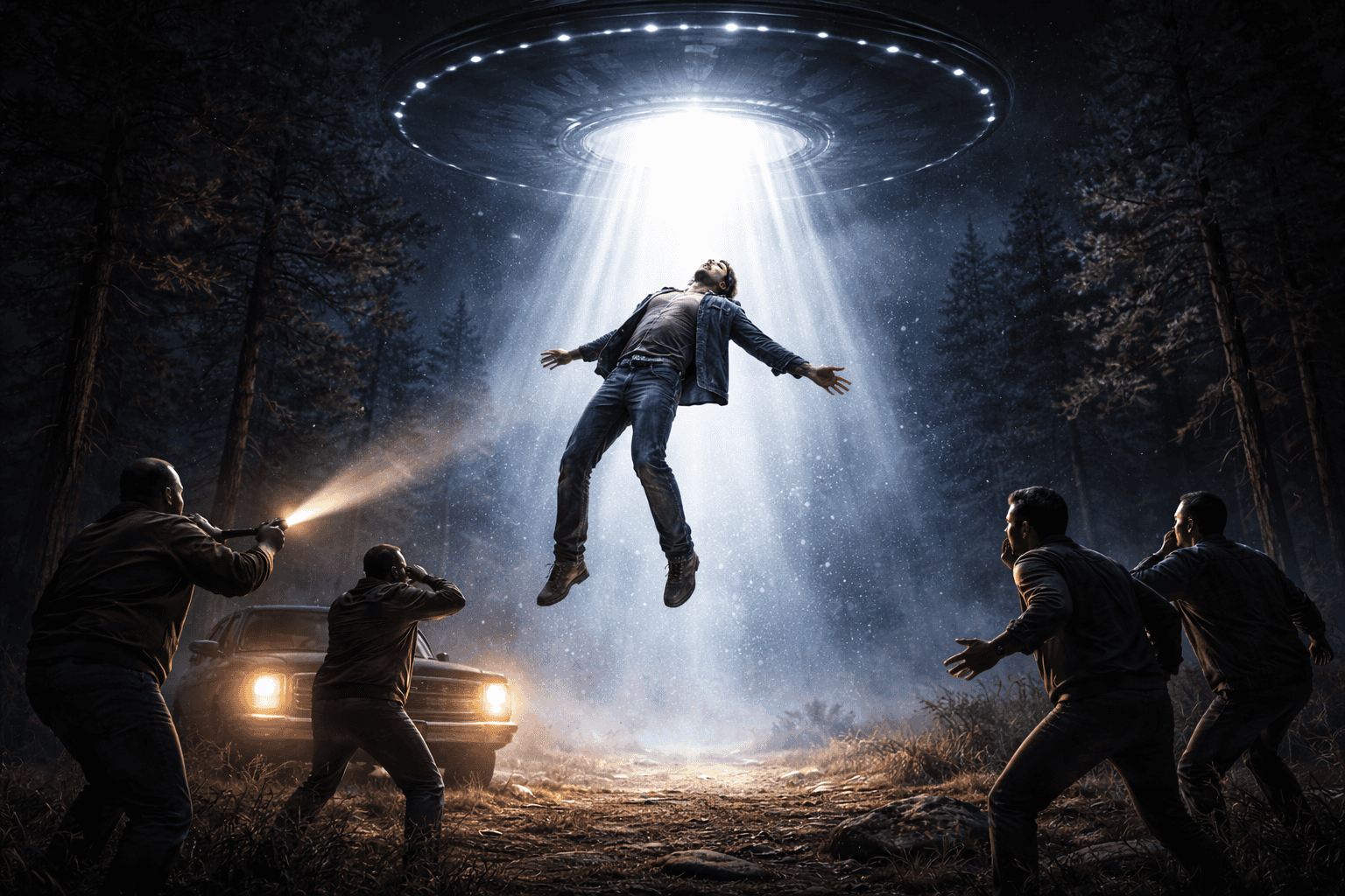 Ein Mann wird von einem hellen Strahl eines großen UFOs über ihm in einem dunklen Wald in die Luft gehoben, in Anlehnung an den berühmten Travis-Walton-Vorfall von 1975, während drei Personen am Boden schockiert aufblicken und mit Taschenlampen auf die Szene zeigen. | ancient-aliens-fakten.de