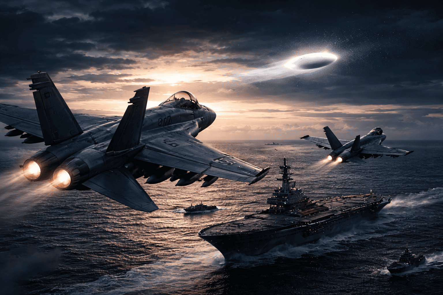Zwei Kampfjets überfliegen die USS Nimitz bei Sonnenuntergang, während in der Nähe Schiffe und ein leuchtendes, ovales Tic Tac UFO am wolkenverhangenen Himmel zu sehen sind, das an die mysteriöse Begegnung von 2004 erinnert. | ancient-aliens-fakten.de