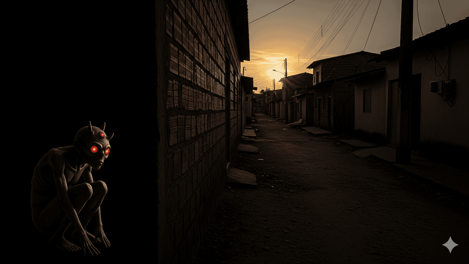 Eine humanoide Kreatur mit Hörnern und glühend roten Augen hockt im Schatten eines Backsteingebäudes und beobachtet eine leere Straße in einem Wohnviertel bei Sonnenuntergang. | ancient-aliens-fakten.de