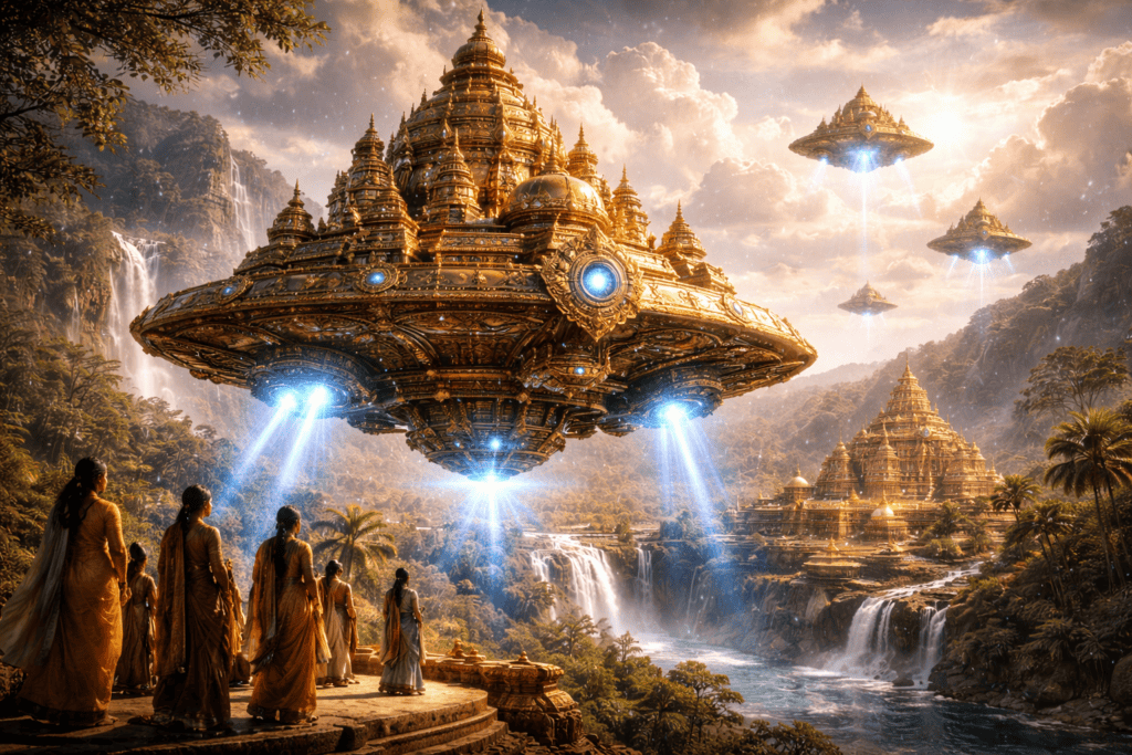 Verschnörkelte, goldene Vimanas mit leuchtenden blauen Lichtern schweben über einer üppigen, tropischen indischen Landschaft mit Wasserfällen und tempelähnlichen Strukturen, während gewandete Figuren von einer Klippe aus zusehen. | ancient-aliens-fakten.de
