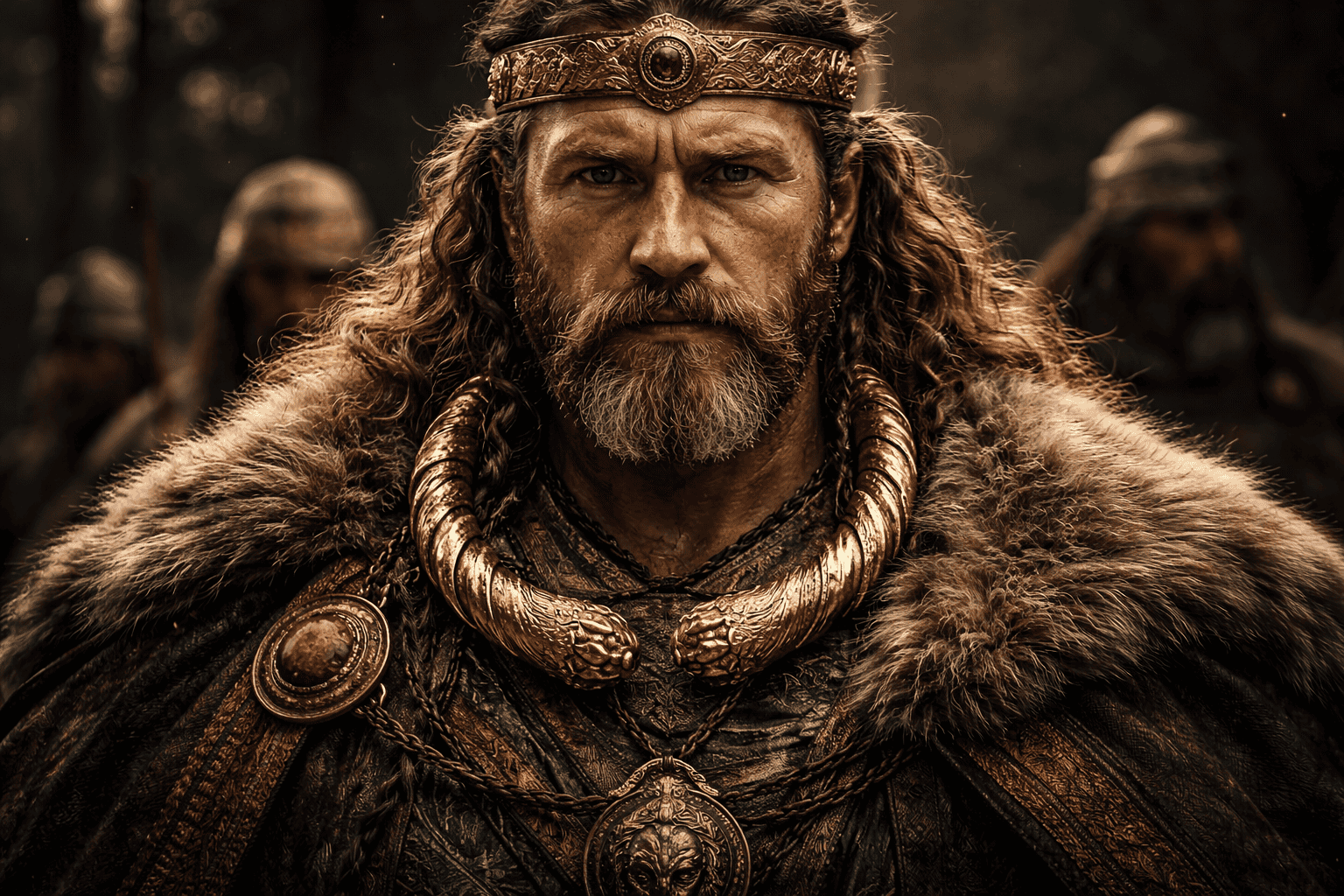 Ein bärtiger Mann, gekleidet wie ein mittelalterlicher König mit goldener Krone, Pelzmantel und kunstvollem Schmuck, steht im Freien, verströmt den Vitaman-Effekt und beschwört den königlichen Geist der Kelten inmitten verschwommener gepanzerter Krieger im Hintergrund. | ancient-aliens-fakten.de
