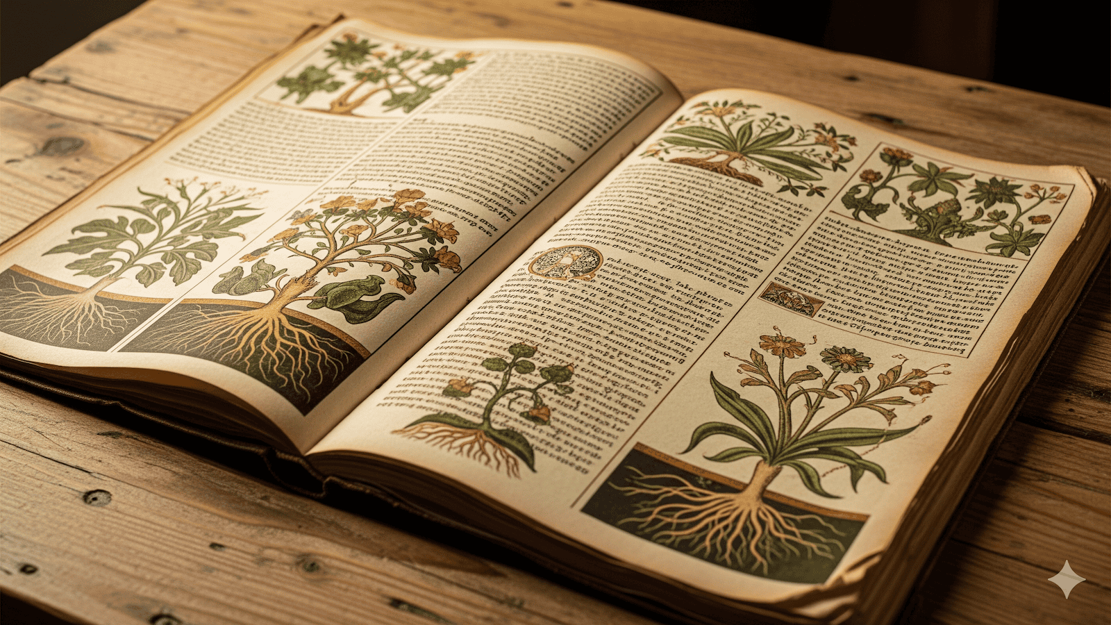 Ein aufgeschlagenes botanisches Buch auf einem Holztisch zeigt detaillierte Illustrationen und Beschreibungen verschiedener Pflanzen, die Wurzeln, Stämme, Blätter und Blüten in leuchtenden Farben zeigen. | ancient-aliens-fakten.de