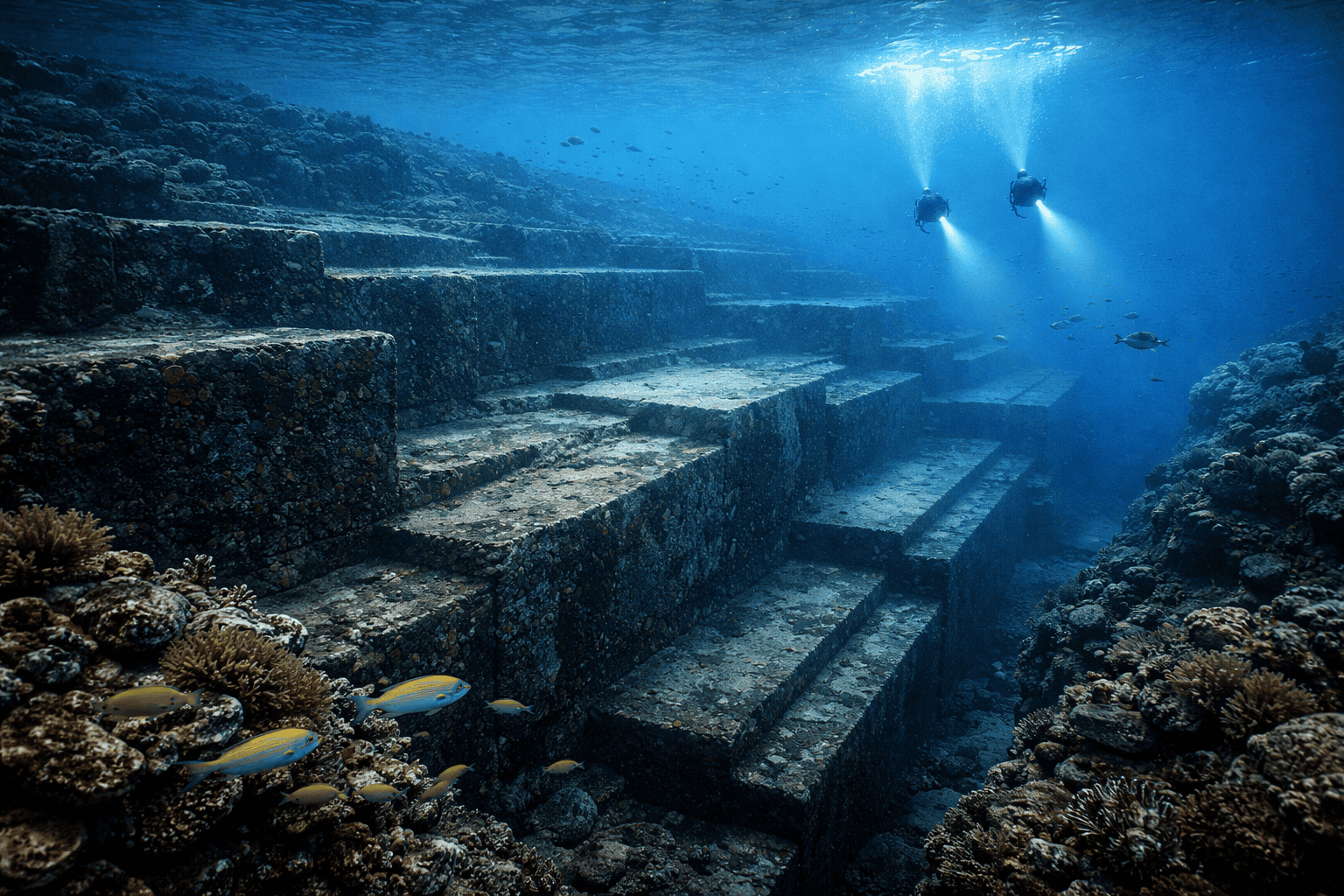 Yonaguni-Pyramide : Zwei Taucher mit Taschenlampen erkunden die Yonaguni-Pyramide, eine Unterwasserlandschaft mit großen, gestuften Steinformationen, umgeben von Korallen und Fischen im klaren blauen Wasser. | ancient-aliens-fakten.de
