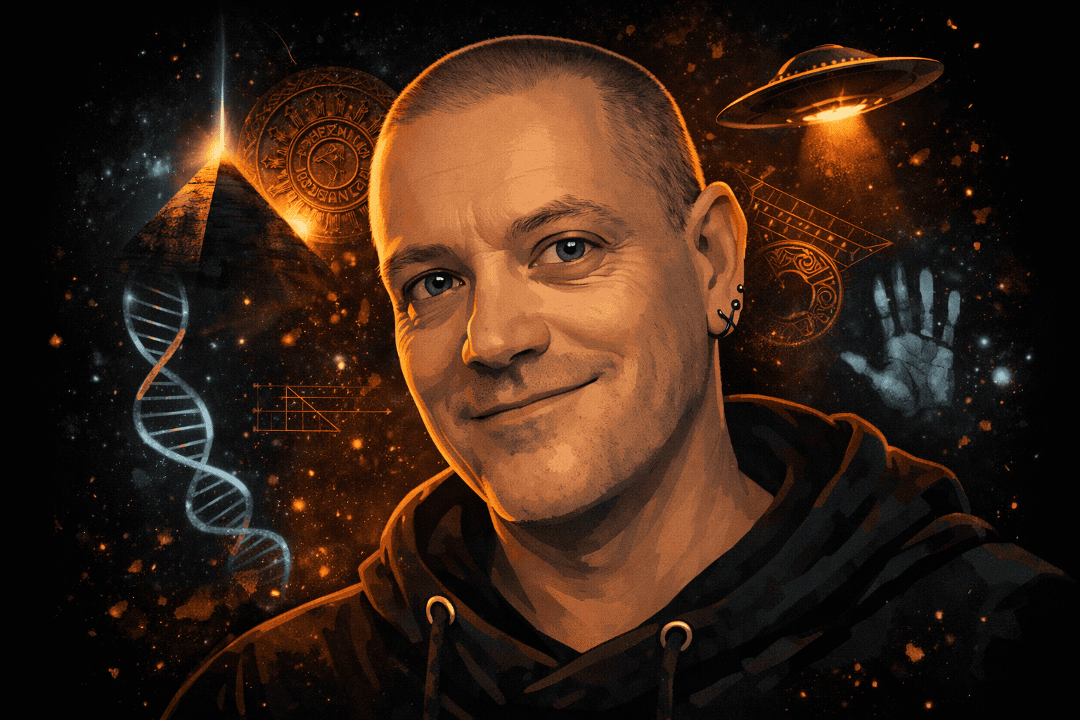 Daniel van Hoogen steht vor einem kosmischen Hintergrund mit einer Pyramide, einem leuchtenden UFO, einem DNA-Strang, uralten Symbolen und einem geheimnisvollen Handabdruck - eine Mischung aus Wissenschaft, Geschichte und Verschwörung. | ancient-aliens-fakten.de