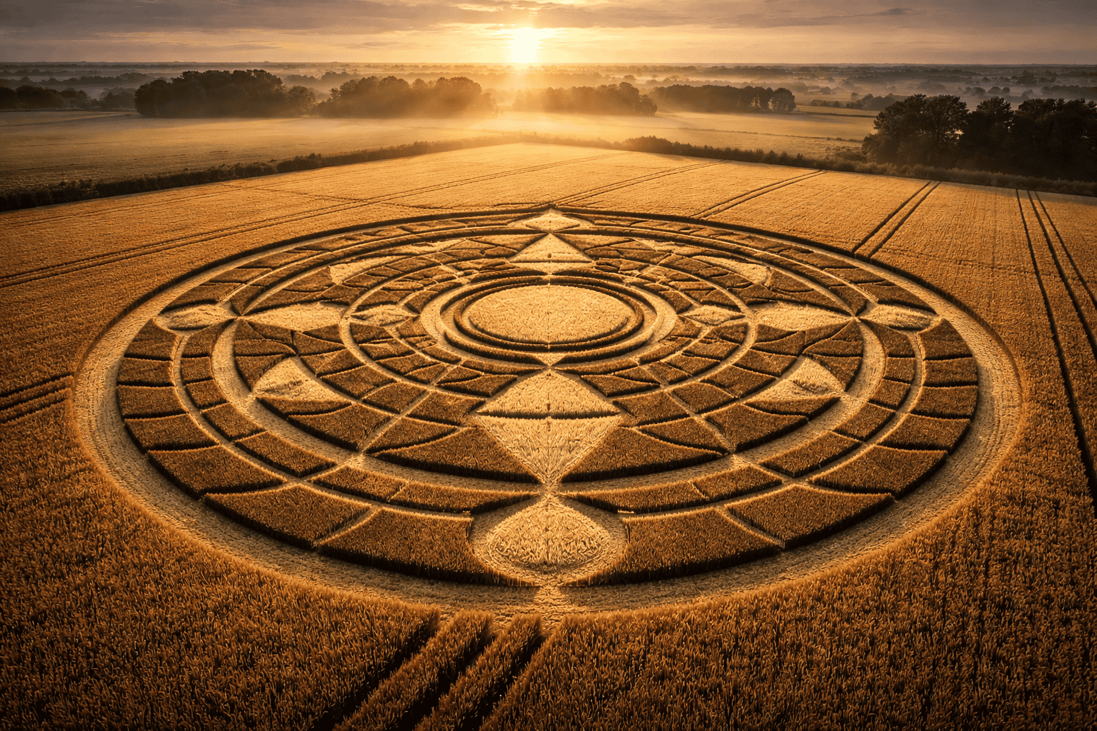 Eine große, verschlungene Kornkreise mit geometrischen Mustern und konzentrischen Ringen ist in einem goldenen Weizenfeld bei Sonnenaufgang zu sehen, während zwischen den Bäumen Nebel aufsteigt - ein geheimnisvolles Phänomen, über das weltweit berichtet wird. | ancient-aliens-fakten.de